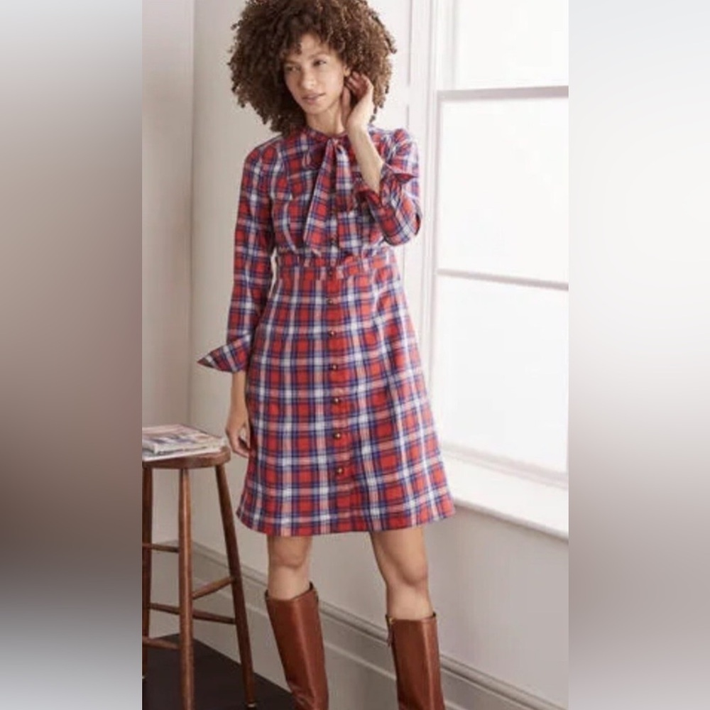 Boden Elsbeth Red and Blue Tartan Plaid Long Sleeve Dress